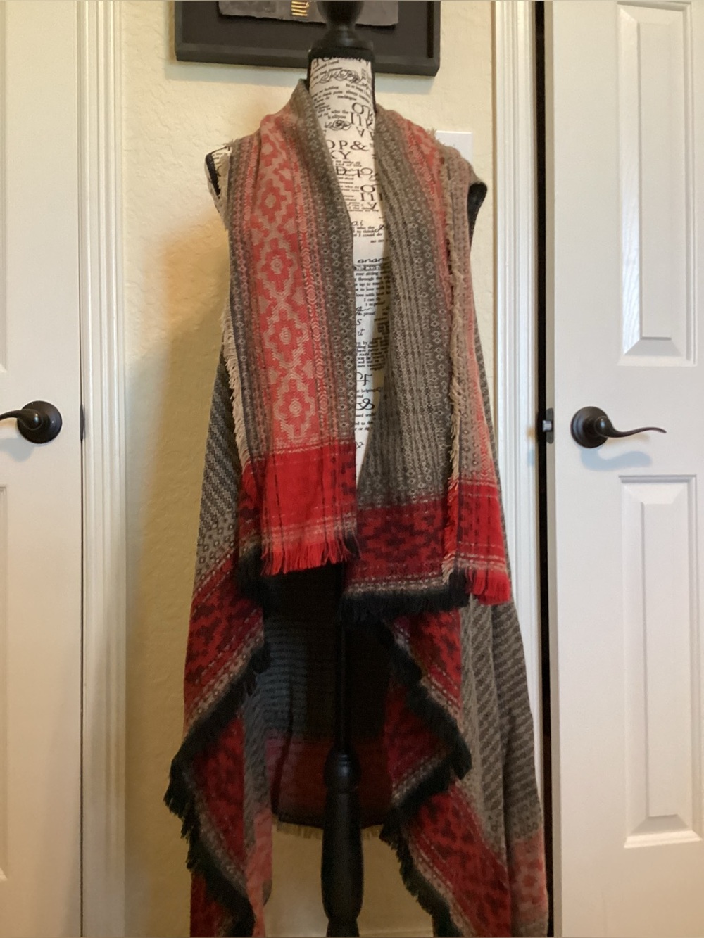 Marc New York Red and Gray Patterned Knit Poncho Wrap